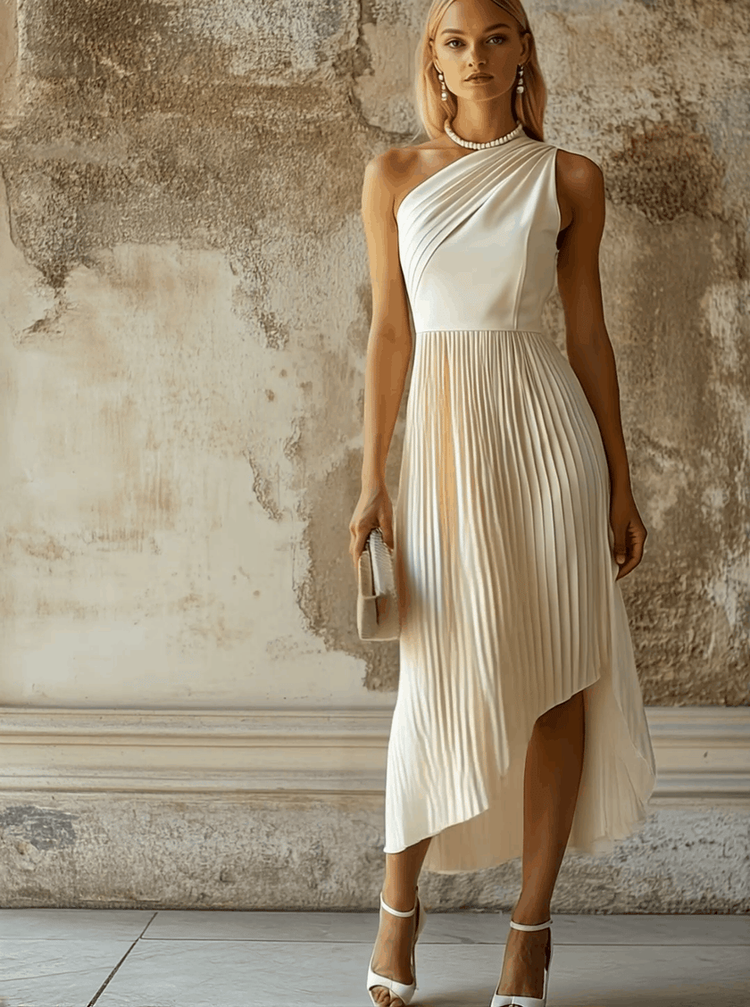 White pleated midi dress by FJØRNA, elegant evening dress with flowing fabric and classic design, shown on a model.