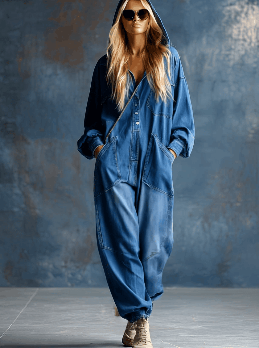 Blue denim hooded button-front jumpsuit by FJØRNA with long sleeves and a relaxed fit, shown on a model.