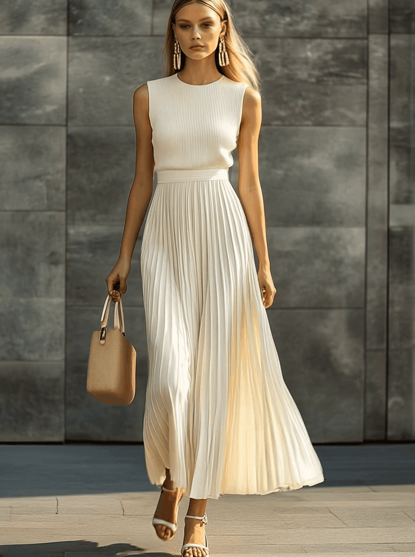 Cream chiffon pleated maxi dress by FJØRNA featuring flowing fabric and elegant pleats, perfect for casual or formal occasions.