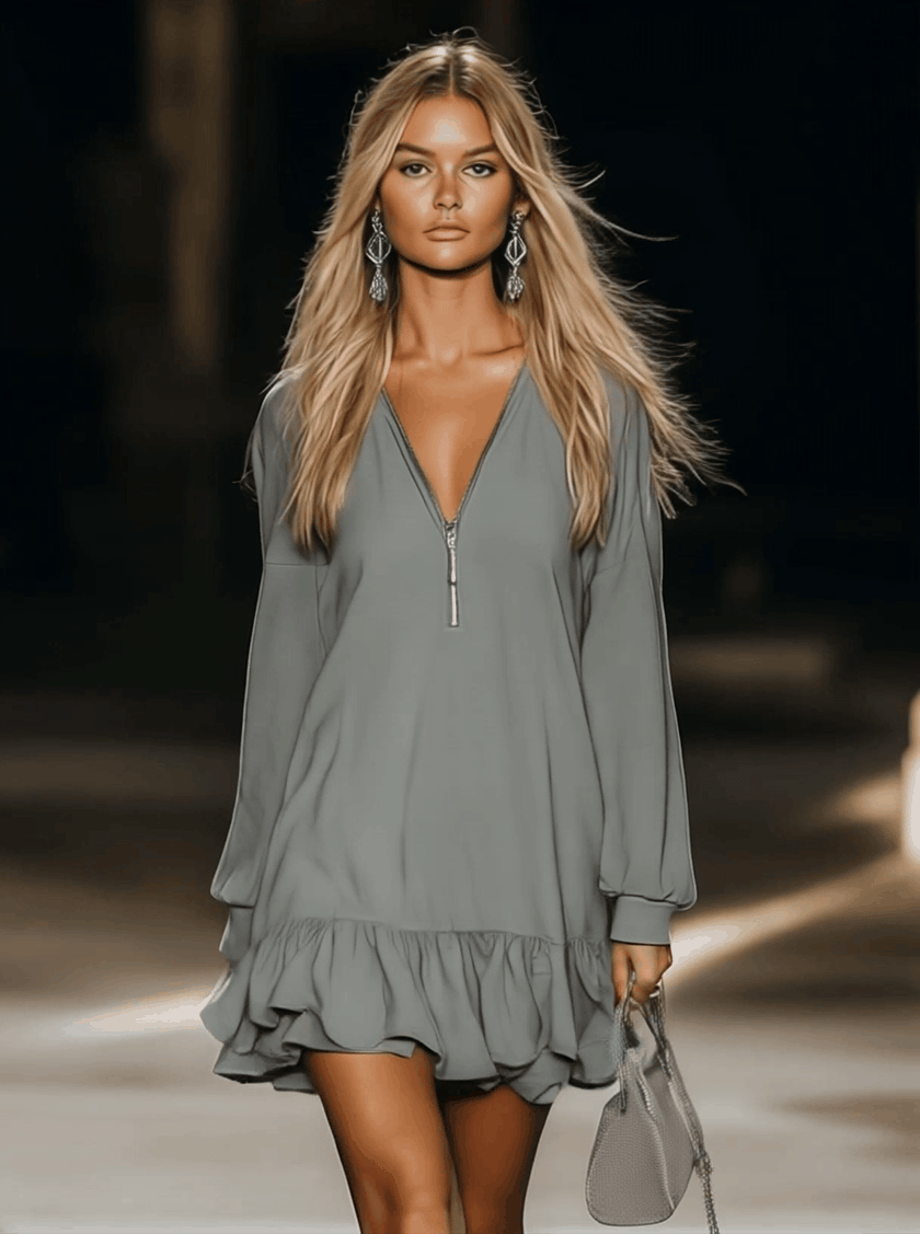 Grey V-Neck Mini Dress | Casual Dress