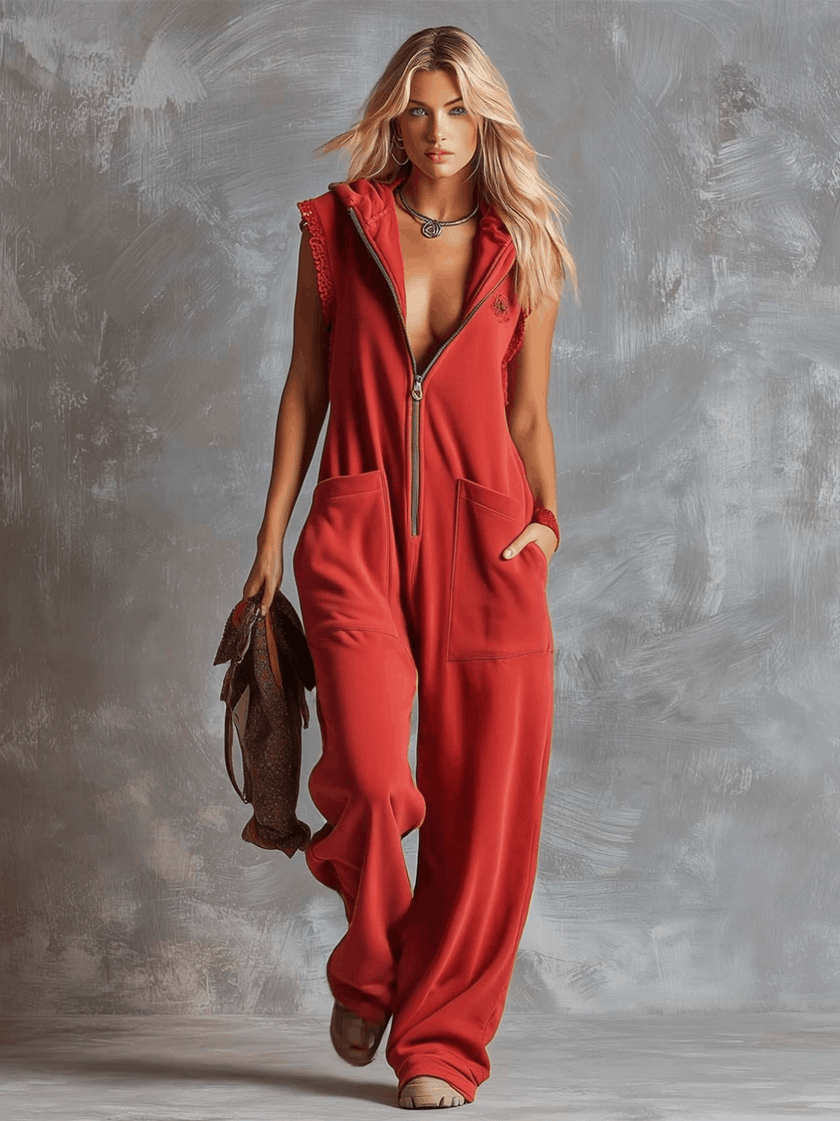 Raspberry red cotton hooded zip-front jumpsuit by FJØRNA, showing the front view with hood and full-length zipper.