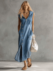 Blue Denim V-Neck Midi Dress | Casual Dress