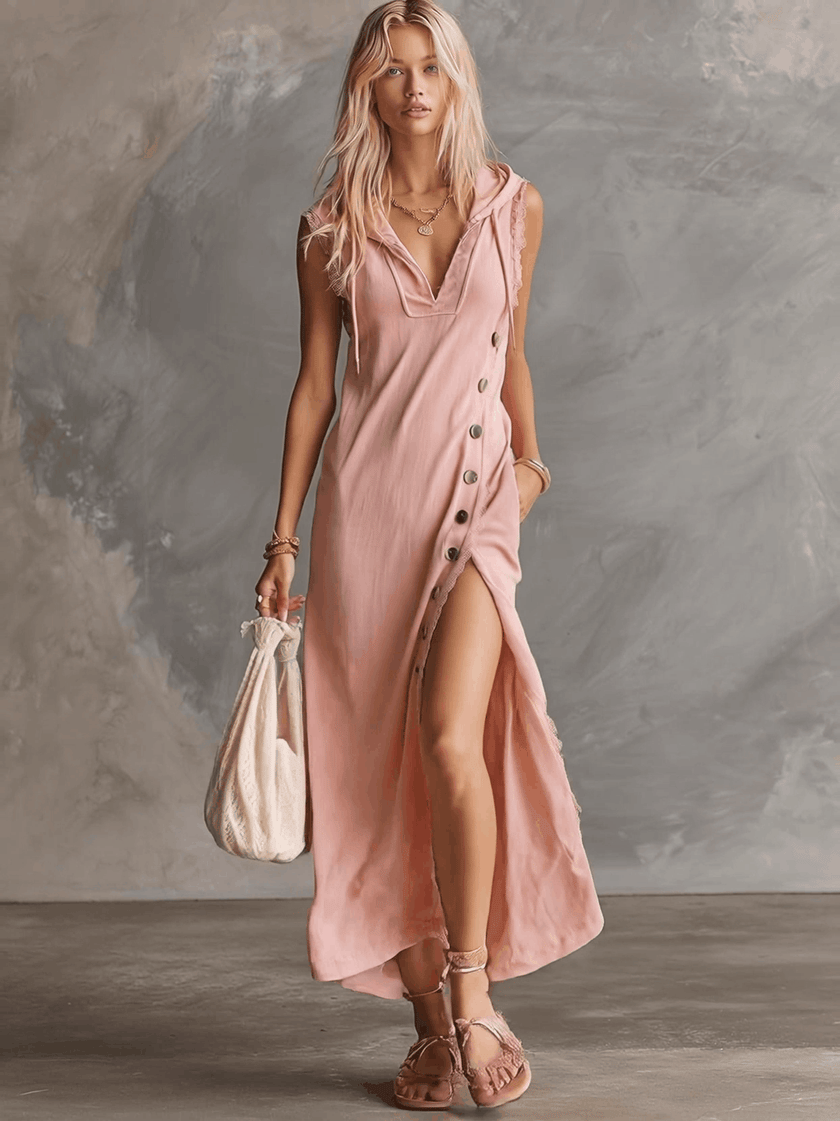 Pink Lace V-Neck Midi Dress | Evening Dress
