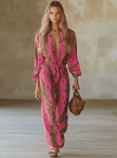 Rose red leopard print chiffon jumpsuit with long sleeves by FJØRNA, featuring a stylish and flowy design.