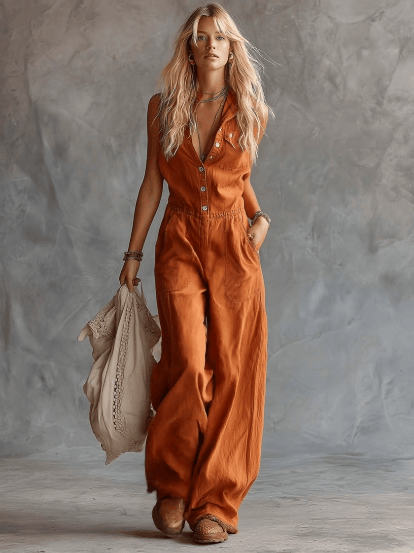 Rust orange cotton Western V-neck sleeveless jumpsuit by FJØRNA, featuring a stylish fit and casual summer style.