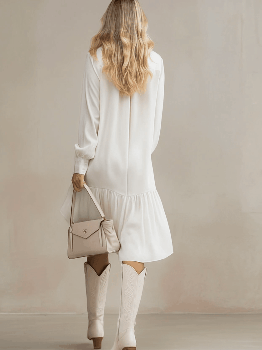 White Denim Ruffle Midi Dress | Evening Dress