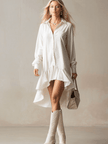 White Denim Ruffle Midi Dress | Evening Dress