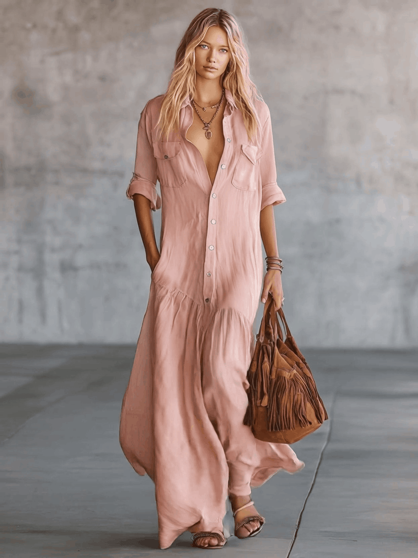 Pink Linen V-Neck Maxi Dress | Casual Dress
