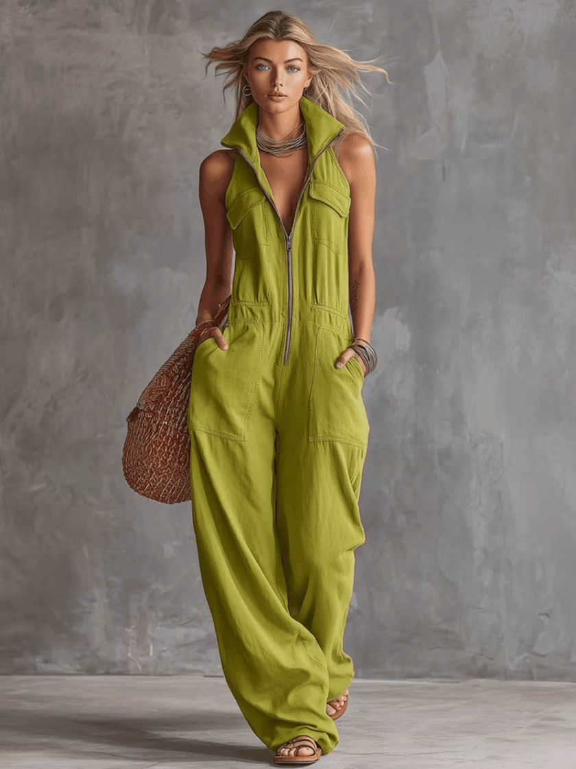 Bright green cotton linen jumpsuit by FJØRNA featuring a zip-front design and sleeveless style.