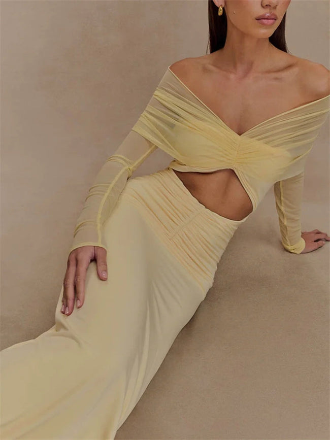 FJØRNA off-shoulder cut-out maxi dress for women, featuring a flowing silhouette perfect for summer and special occasions.