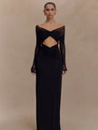 FJØRNA off-shoulder cut-out maxi dress featuring a flowing silhouette and stylish shoulder cut-outs, perfect for summer occasions.