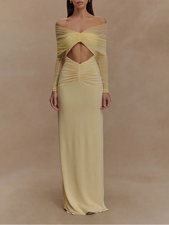 FJØRNA off-shoulder cut-out maxi dress for women, featuring a flowing summer design perfect for special occasions.