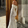 FJØRNA off-shoulder lace maxi dress for women, elegant evening and formal wear with intricate lace details and flowing silhouette.