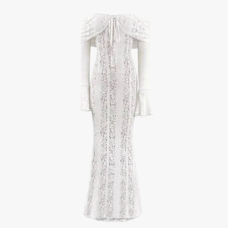 FJØRNA off-shoulder lace maxi dress for women featuring elegant evening and formal wear style with flowing fabric and intricate lace details.