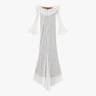 FJØRNA off-shoulder lace maxi dress for women, elegant evening and formal wear with detailed lace fabric and flowing silhouette.