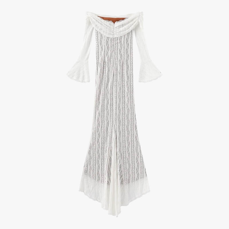 FJØRNA off-shoulder lace maxi dress for women, elegant evening and formal wear with detailed lace fabric and flowing silhouette.