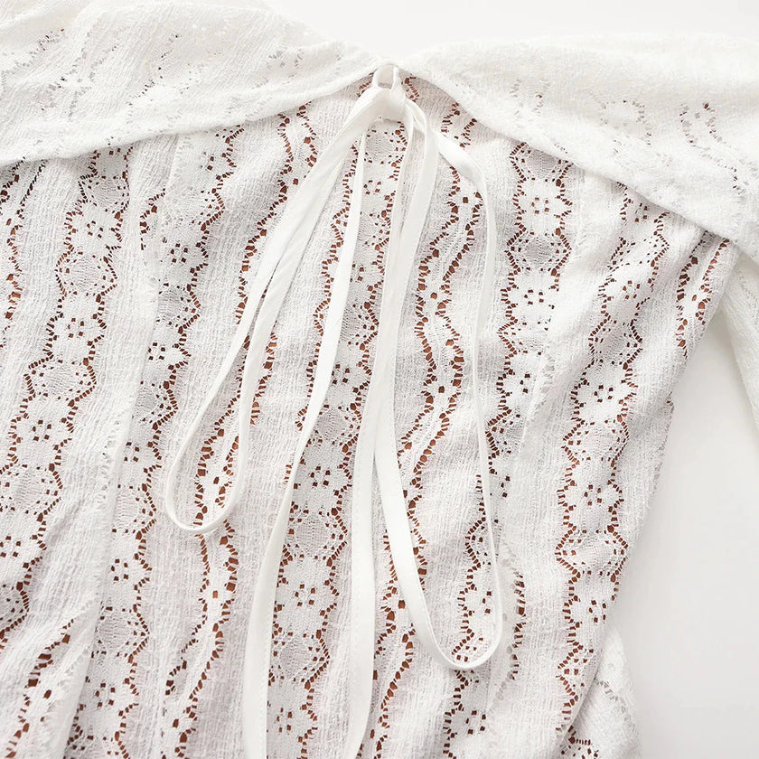 FJØRNA off-shoulder lace maxi dress for women, elegant evening and formal wear with intricate lace details and flowing silhouette.