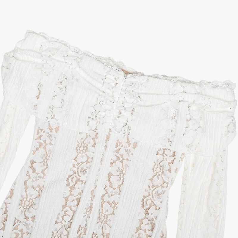 FJØRNA off-shoulder lace women's maxi dress with elegant design, suitable for evening and formal occasions.