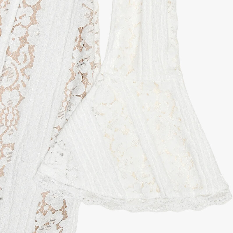 FJØRNA off-shoulder lace maxi dress for women, elegant evening and formal wear with detailed lace fabric and flowing silhouette.