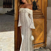 FJØRNA off-shoulder lace maxi dress for women, elegant evening and formal wear with intricate lace details and flowing silhouette.