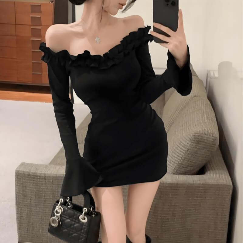 FJØRNA off-shoulder ruffle mini dress featuring a fitted bodice, flared skirt, and delicate ruffle details for a stylish look.