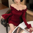 FJØRNA off-shoulder ruffle mini dress with flutter sleeves and fitted waist, stylish and perfect for summer events.