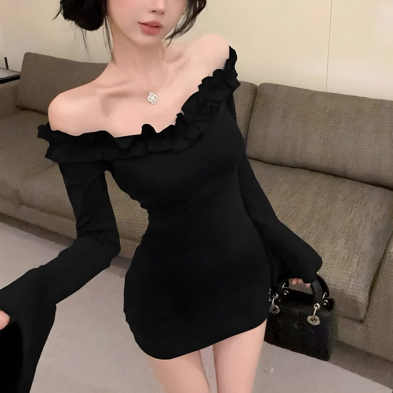 FJØRNA off-shoulder ruffle mini dress with floral pattern and short sleeves, shown on a model.