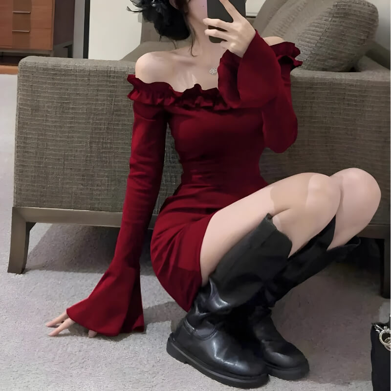 FJØRNA off-shoulder ruffle mini dress showcasing a flowy silhouette and feminine ruffle details on a model.