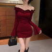 FJØRNA off-shoulder ruffle mini dress with a flowy silhouette and feminine ruffle details, perfect for summer occasions.