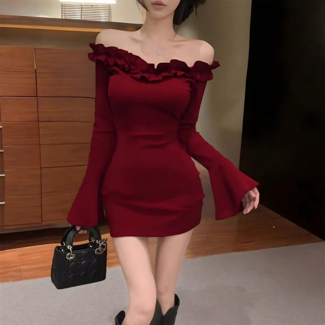 FJØRNA off-shoulder ruffle mini dress for women, perfect for party and day wear, featuring a stylish, flowy design.