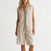 FJØRNA relaxed sleeveless button-up shirt and wide-leg pleated shorts set in off-white, casual summer 2-piece outfit.