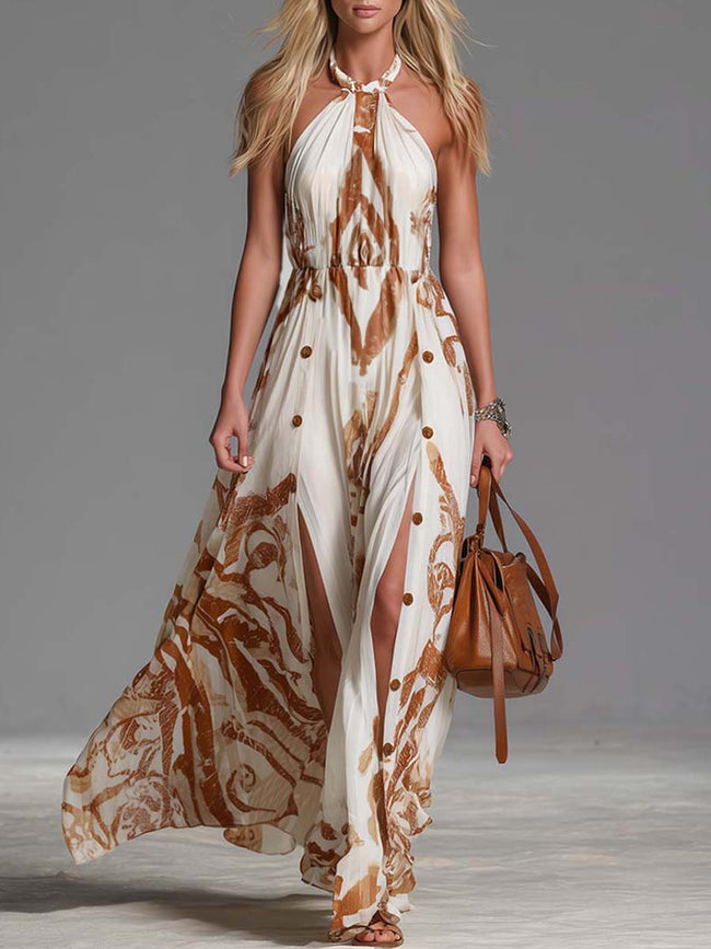 FJØRNA Off-White chiffon halter neck maxi dress with flowing fabric and casual style, perfect for summer or relaxed occasions.