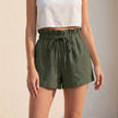 Olive green linen ruffle summer shorts for women by FJØRNA, featuring a relaxed fit and stylish ruffle details.