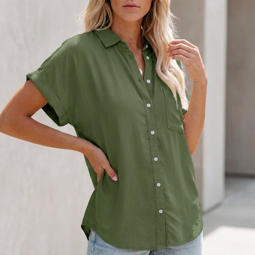 Olive green women's collared button-up blouse with cuffed sleeves and chest pocket, by FJØRNA, stylish and casual top.
