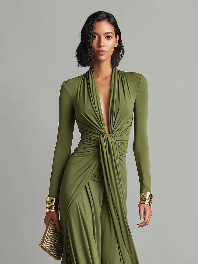 Olive Silk V-Neck Maxi Dress For Women