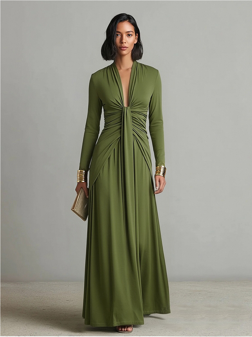 Olive Silk V-Neck Maxi Dress For Women