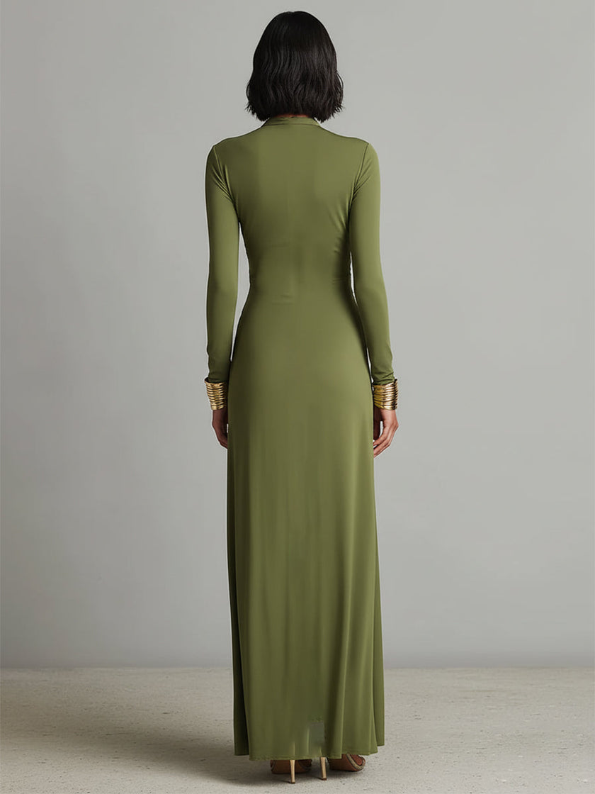 Olive Silk V-Neck Maxi Dress For Women
