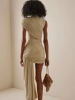 FJØRNA one-shoulder draped mini dress for women, stylish party and day dress with elegant draping and modern design.