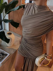 FJØRNA one-shoulder draped mini dress, stylish party and day wear, featuring a sleek design and elegant draping.