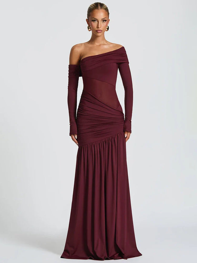 FJØRNA one-shoulder high-slit maxi dress for women, elegant summer dress with a flowing design and stylish slit detail.