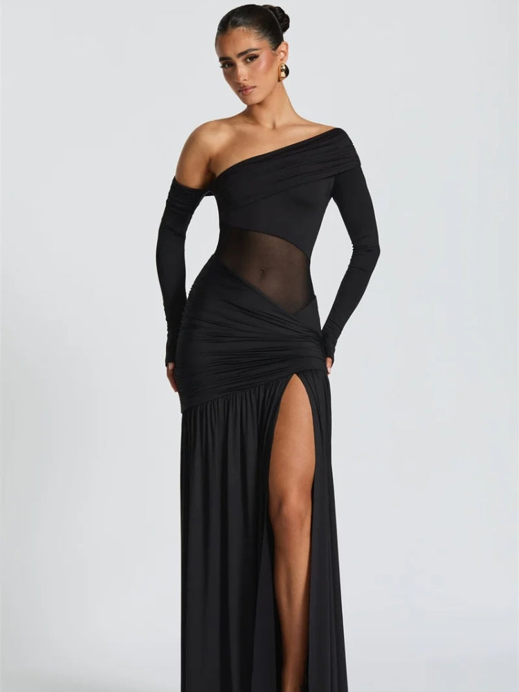 FJØRNA one-shoulder high-slit women's maxi dress in flowy fabric, perfect for summer and special occasions.