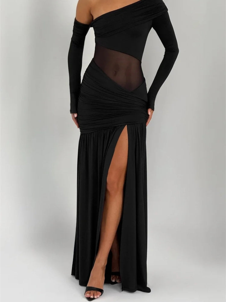 FJØRNA one-shoulder high-slit women's maxi dress with elegant design, perfect for summer and special occasions.