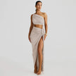 FJØRNA one-shoulder ruched maxi dress for women, elegant summer dress suitable for special occasions, shown in black fabric.