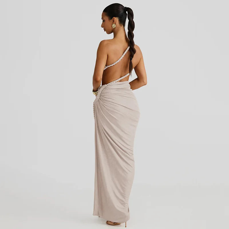 FJØRNA women's one-shoulder ruched maxi dress in soft fabric, perfect for summer and special occasions.