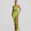 FJØRNA one-shoulder ruched maxi dress for women, elegant summer dress suitable for special occasions, showing the flowing fabric and design.