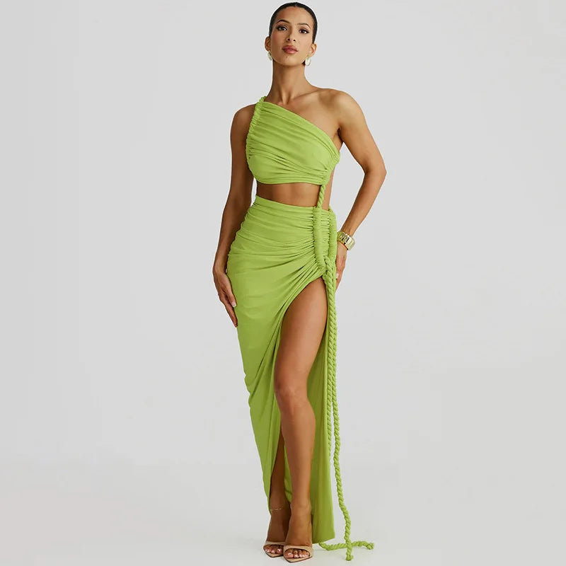 FJØRNA one-shoulder ruched maxi dress for women, elegant summer dress suitable for special occasions, showing the flowing fabric and design.