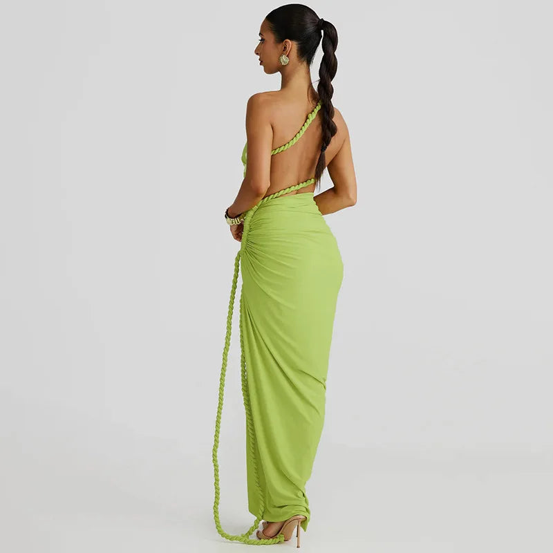 FJØRNA one-shoulder ruched maxi dress for women, perfect for summer and special occasions, featuring elegant draping and a flowing silhouette.