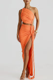 FJØRNA one-shoulder ruched maxi dress for women, perfect for summer and special occasions, featuring elegant draped fabric and a fitted silhouette.