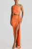 FJØRNA one-shoulder ruched maxi dress for women, perfect for summer and special occasions, featuring elegant draped fabric and a fitted silhouette.