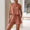 OrangeRed FJØRNA relaxed textured pleated two-piece set with button-front tank and shorts, perfect for casual wear.